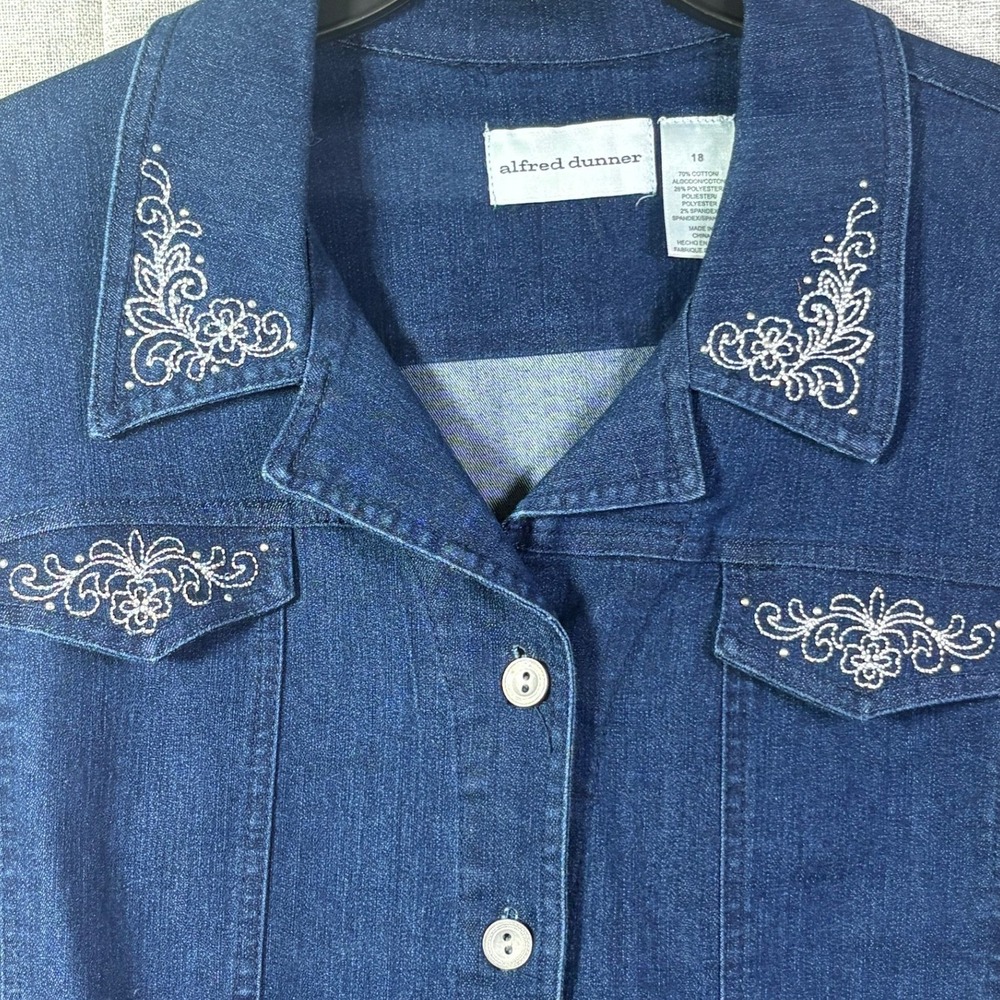 Alfred Dunner Womens Embroidered Denim Jacket Blue Floral Cotton Blend Size 18